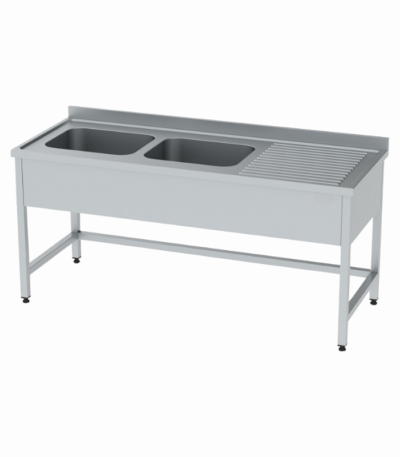 Endüstriyel mutfaklarda verimliliği artıran, hijyenik ve fonksiyonel çift evyeli çalışma tezgahı.