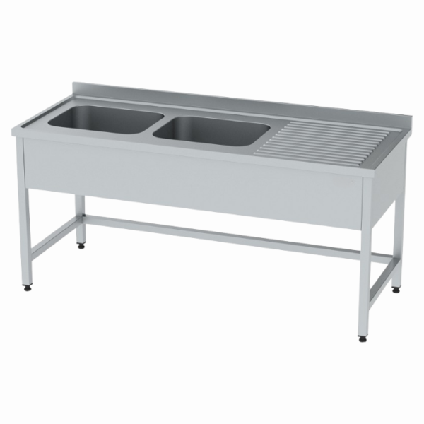 Endüstriyel mutfaklarda verimliliği artıran, hijyenik ve fonksiyonel çift evyeli çalışma tezgahı.