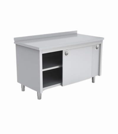 İki evyeli paslanmaz tezgah, dolaplı yapısı ile ekstra depolama alanı sunar