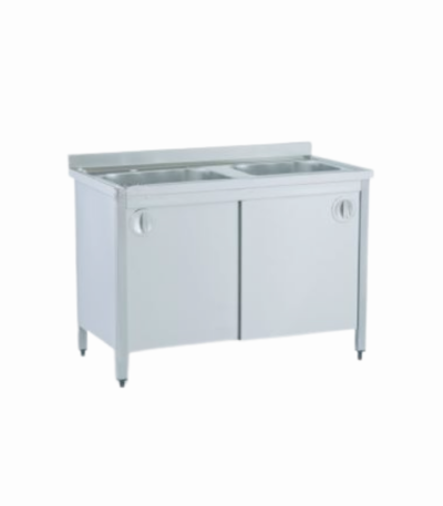 Paslanmaz iki evyeli dolaplı tezgah, profesyonel mutfaklar için mükemmel ekipman