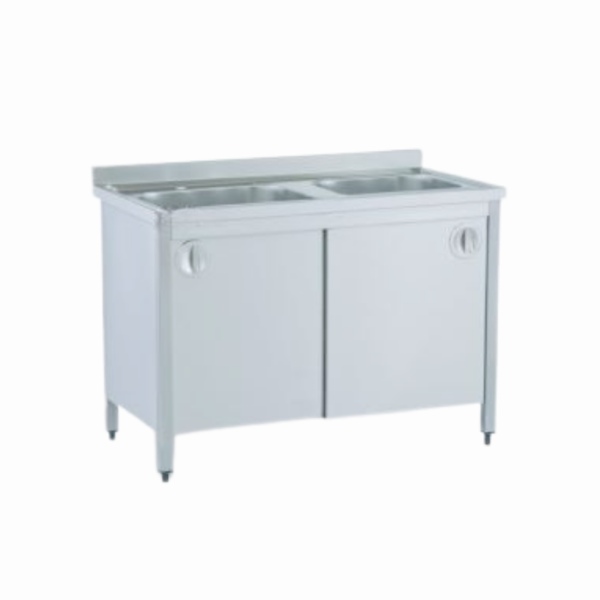 Paslanmaz iki evyeli dolaplı tezgah, profesyonel mutfaklar için mükemmel ekipman