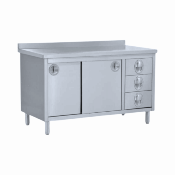 Dolaplı ve çekmeceli çalışma tezgahı, profesyonel mutfaklarda dayanıklı ve şık depolama alanı yaratır