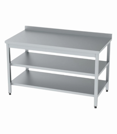 Paslanmaz çelik çalışma tezgahı, alt ve ara raflarıyla endüstriyel mutfaklarda iş akışını kolaylaştırır