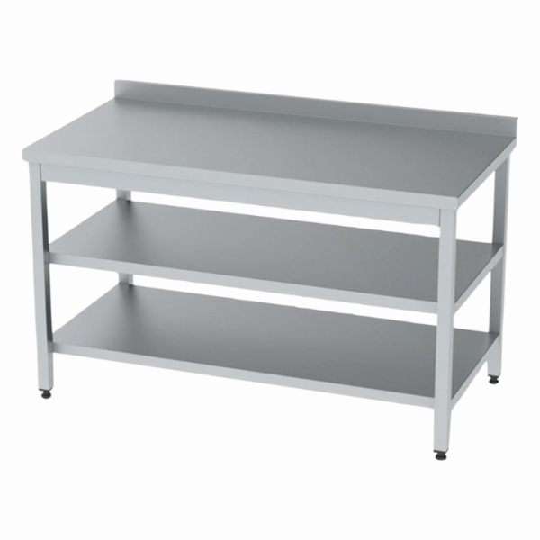 Paslanmaz çelik çalışma tezgahı, alt ve ara raflarıyla endüstriyel mutfaklarda iş akışını kolaylaştırır