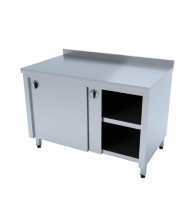 Kapalı dolap ve ara raflı çalışma tezgahı, endüstriyel mutfaklarda verimliliği artıran pratik bir çözüm