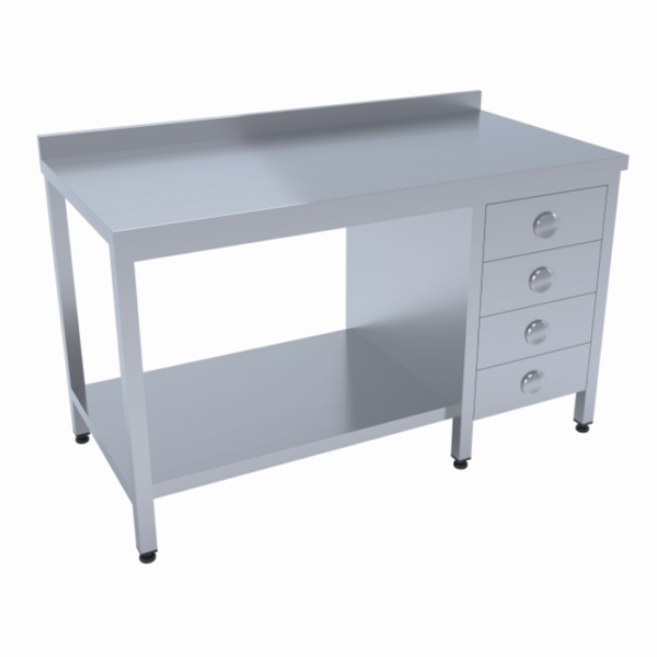 Etrafı açık çekmeceli ve taban raflı çalışma tezgahı, mutfaklarda düzeni artırırken işlevsellik sağlar