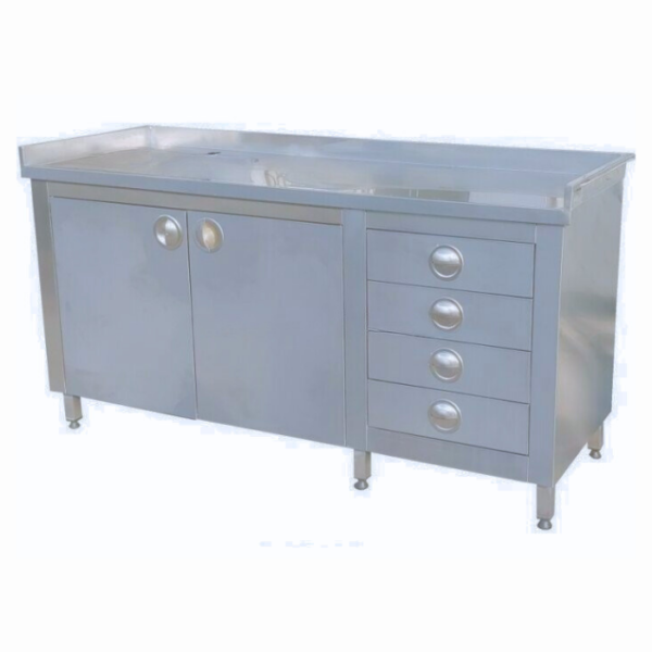 Çekmeceli evyeli dolaplı tezgah, paslanmaz çelik malzemesi ile dayanıklı ve hijyenik bir çözüm sunar