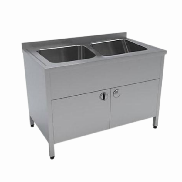 Çift evyeli paslanmaz çelik tezgah, dolaplı tasarımıyla mutfaklarda düzen ve pratik kullanım sağlar