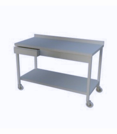 Paslanmaz çelik çekmeceli hareketli dolaplı çalışma tezgahı, mutfaklarda hijyenik ve fonksiyonel çözümler sunar