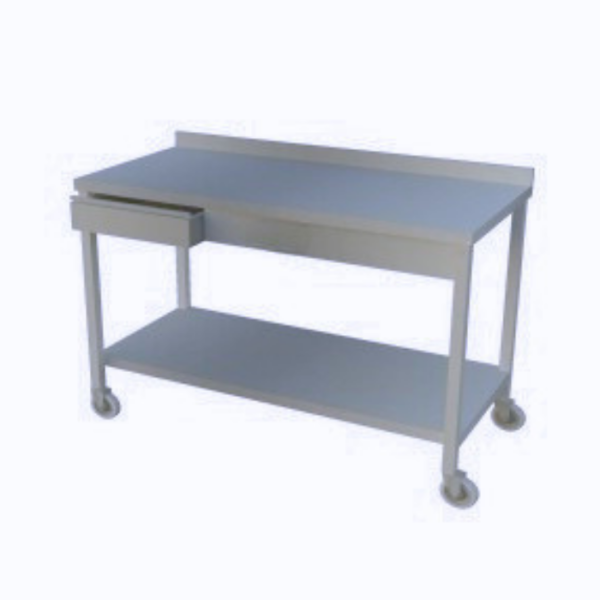 Paslanmaz çelik çekmeceli hareketli dolaplı çalışma tezgahı, mutfaklarda hijyenik ve fonksiyonel çözümler sunar