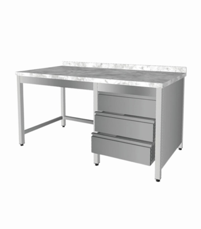 Alt tablasız mermer tablalı çekmeceli tezgah, profesyonel mutfaklarda işlevsel ve şık kullanım alanı yaratır