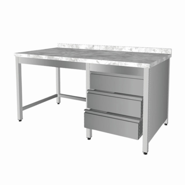 Alt tablasız mermer tablalı çekmeceli tezgah, profesyonel mutfaklarda işlevsel ve şık kullanım alanı yaratır