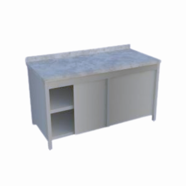 Mermer tablalı dolaplı çalışma tezgahı, endüstriyel mutfaklarda şık ve fonksiyonel bir çözüm sunar