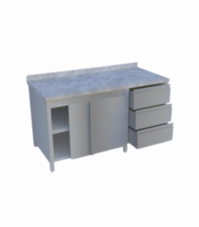 Dolaplı, taban raflı ve blok çekmeceli çalışma tezgahı, endüstriyel mutfaklarda yüksek depolama kapasitesi sunar