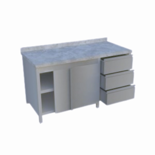 Dolaplı, taban raflı ve blok çekmeceli çalışma tezgahı, endüstriyel mutfaklarda yüksek depolama kapasitesi sunar