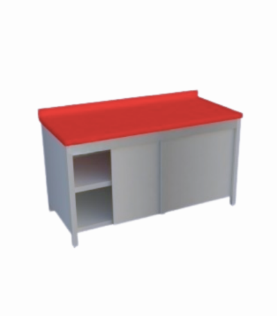 Dayanıklı polietilen tablalı dolaplı ara raflı tezgah, mutfak işlerinde düzen ve erişim kolaylığı sunar