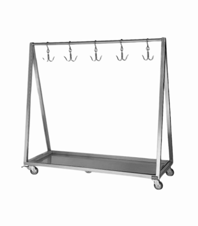 Paslanmaz çelikten üretilmiş tekerlekli et taşıma arabası, kolay taşıma ve yüksek dayanıklılık sunar, mutfaklar için ideal çözümdür.