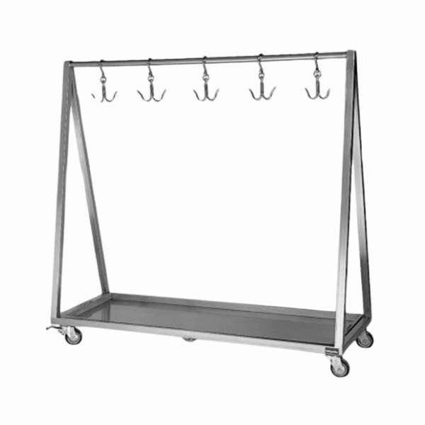 Paslanmaz çelikten üretilmiş tekerlekli et taşıma arabası, kolay taşıma ve yüksek dayanıklılık sunar, mutfaklar için ideal çözümdür.